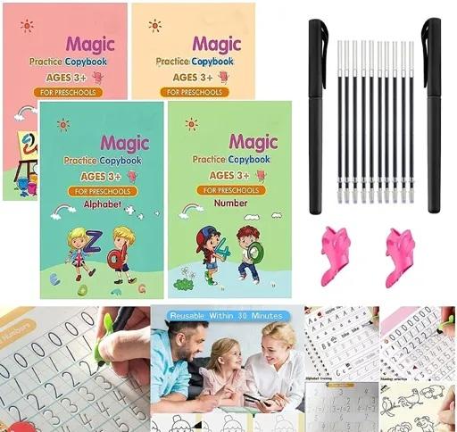 4-Magic Practice Copybook Set for Kids (Alphabet, Number, Math & Drawing) with Magic Pen & Refills