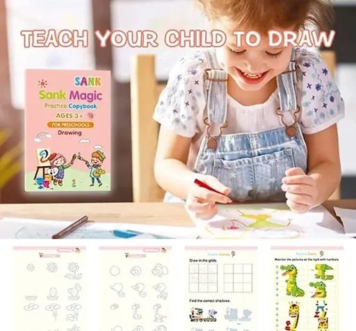 4-Magic Practice Copybook Set for Kids (Alphabet, Number, Math & Drawing) with Magic Pen & Refills