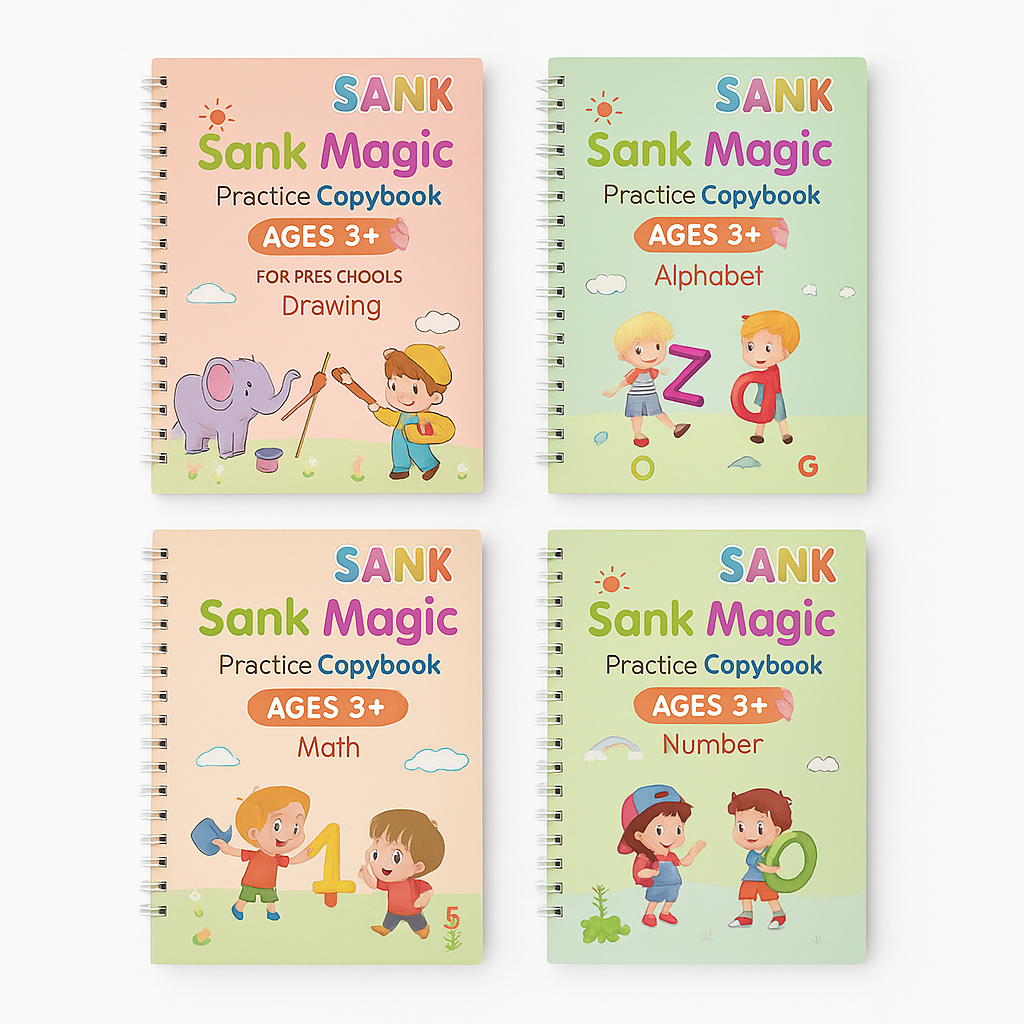 4-Magic Practice Copybook Set for Kids (Alphabet, Number, Math & Drawing) with Magic Pen & Refills